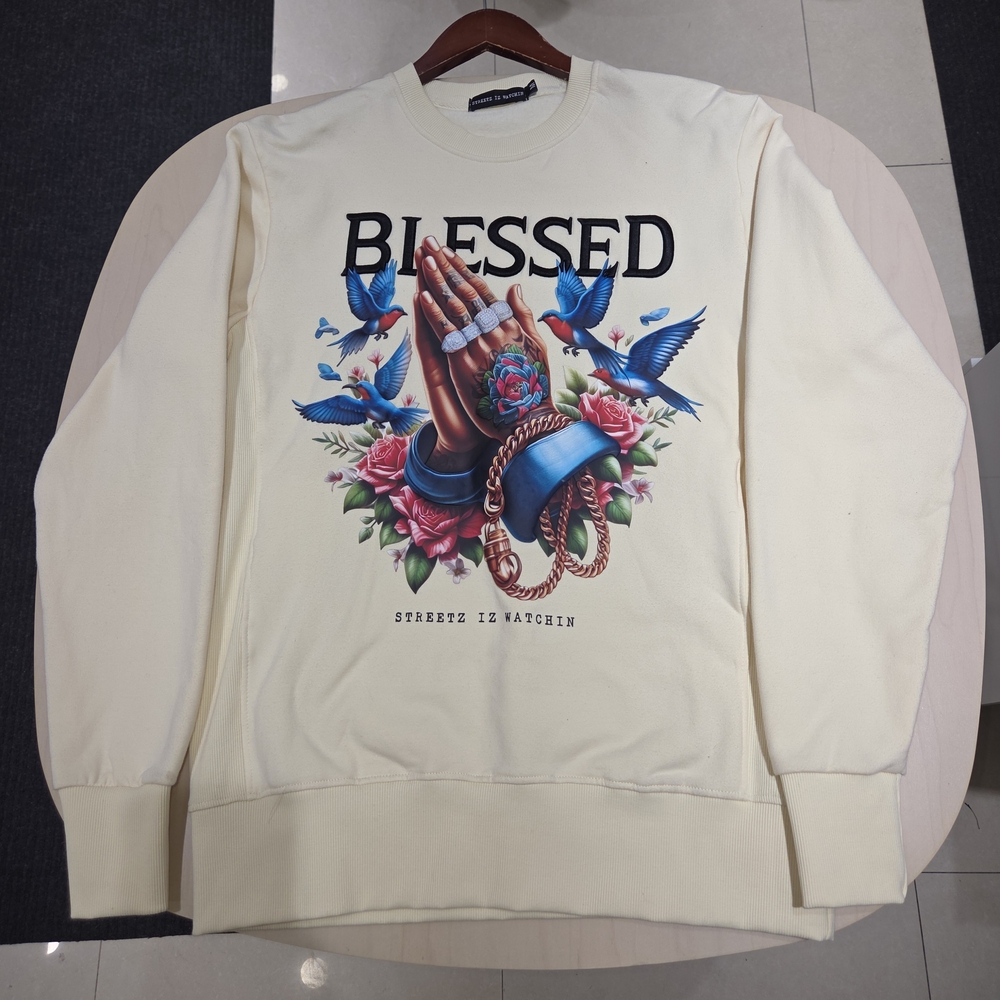 Streetz iz Watchin Cream 'BLESSED' Graphic Crewneck with Blue & Pink Accents